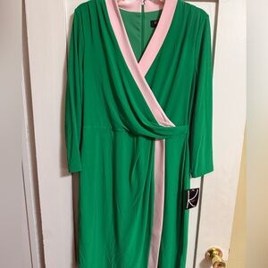 Kasper Green and Pink Long Sleeve Dress